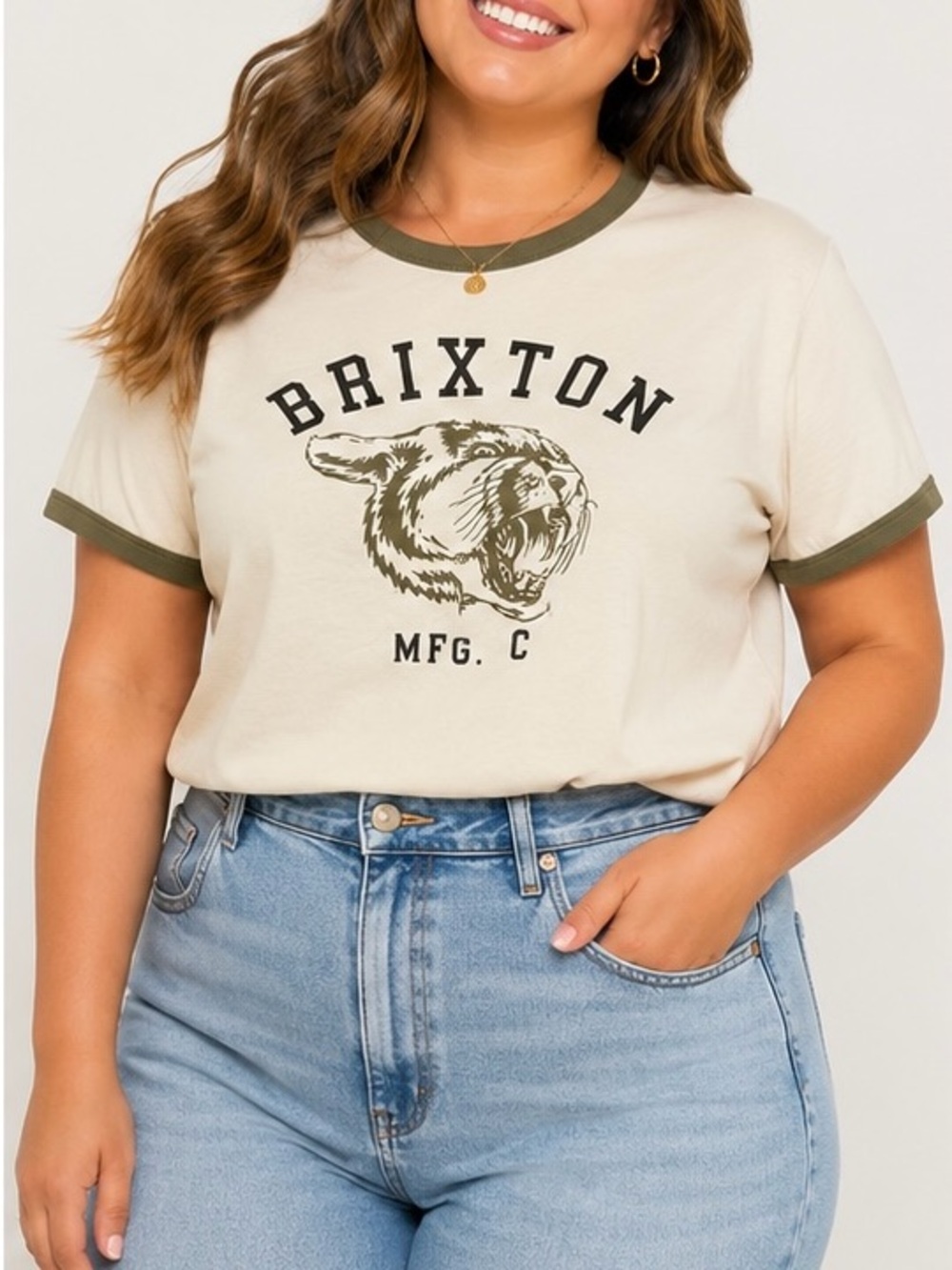Brixton Varsity Cat Crop Ringer Tee Dove Olive Green Graphic T-Shirt Size Small - Picture 3 of 5